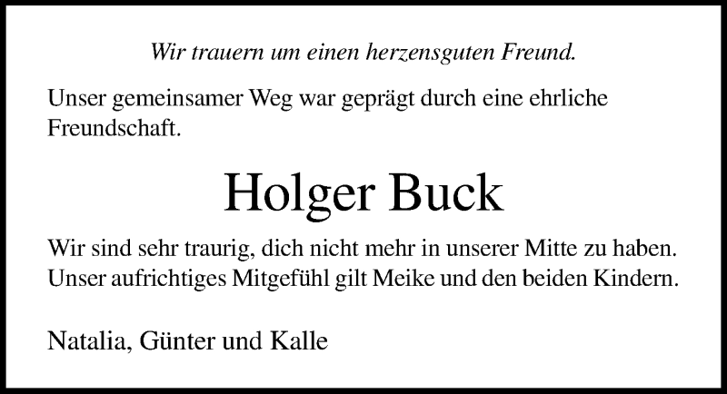  Traueranzeige für Holger Buck vom 16.09.2018 aus Lübecker Nachrichten
