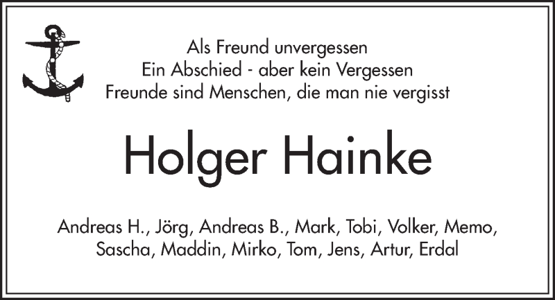  Traueranzeige für Holger Hainke vom 19.09.2018 aus Kieler Nachrichten
