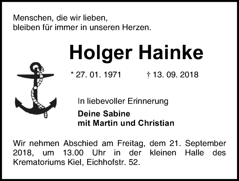  Traueranzeige für Holger Hainke vom 19.09.2018 aus Kieler Nachrichten