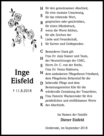 Traueranzeige von Inge Eisfeld von Göttinger Tageblatt