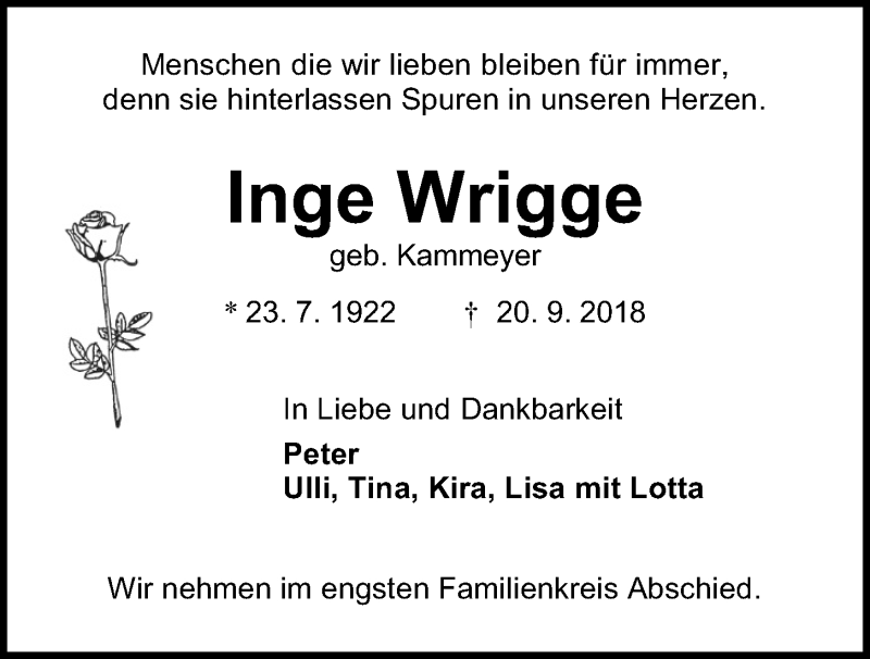  Traueranzeige für Inge Wrigge vom 29.09.2018 aus Kieler Nachrichten
