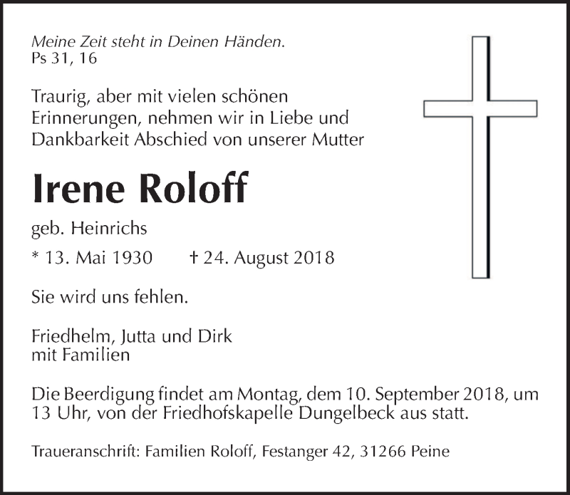  Traueranzeige für Irene Roloff vom 04.09.2018 aus Peiner Allgemeine Zeitung