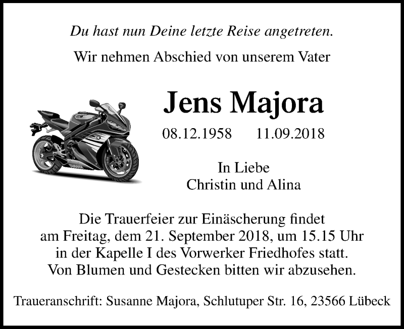  Traueranzeige für Jens Majora vom 16.09.2018 aus Lübecker Nachrichten