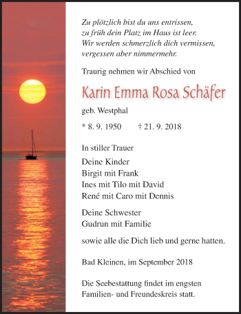 Traueranzeige von Karin Emma Rosa Schäfer von Ostsee-Zeitung GmbH