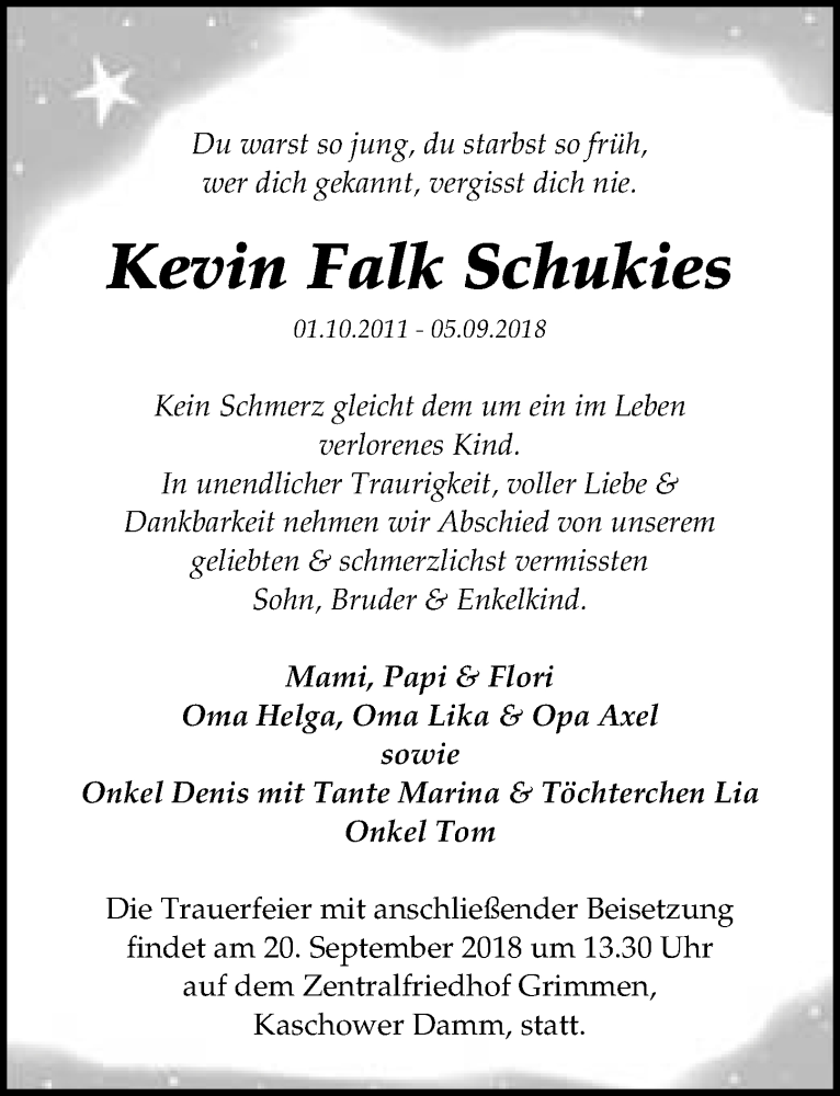  Traueranzeige für Kevin Falk Schukies vom 15.09.2018 aus Ostsee-Zeitung GmbH