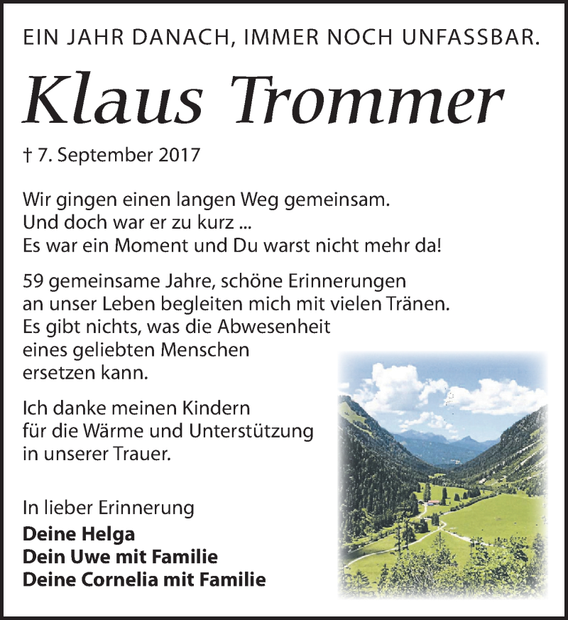  Traueranzeige für Klaus Trommer vom 08.09.2018 aus Leipziger Volkszeitung