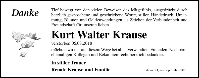  Traueranzeige für Kurt Walter Krause vom 15.09.2018 aus Ostsee-Zeitung GmbH