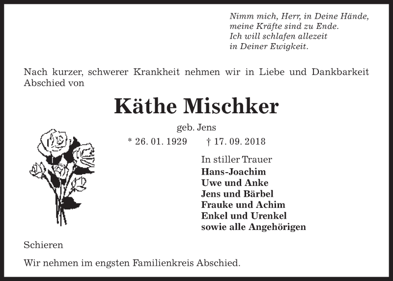  Traueranzeige für Käthe Mischker vom 26.09.2018 aus Kieler Nachrichten