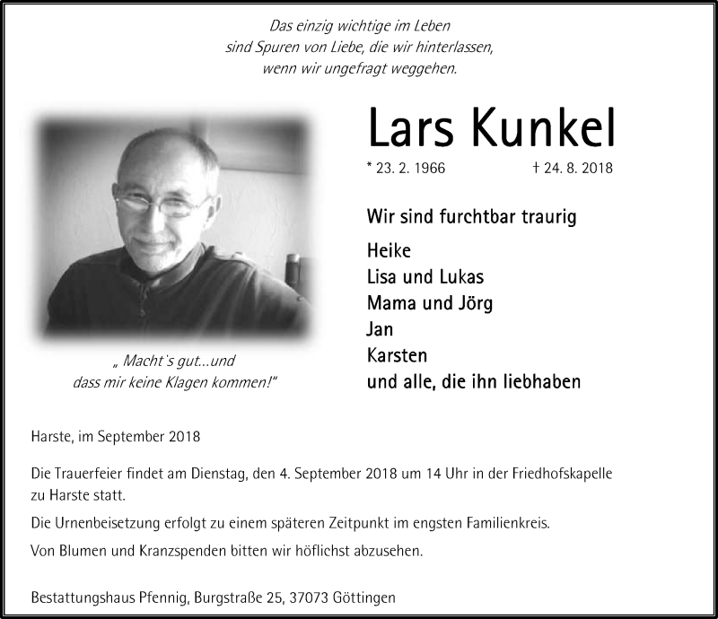  Traueranzeige für Lars Kunkel vom 01.09.2018 aus Göttinger Tageblatt