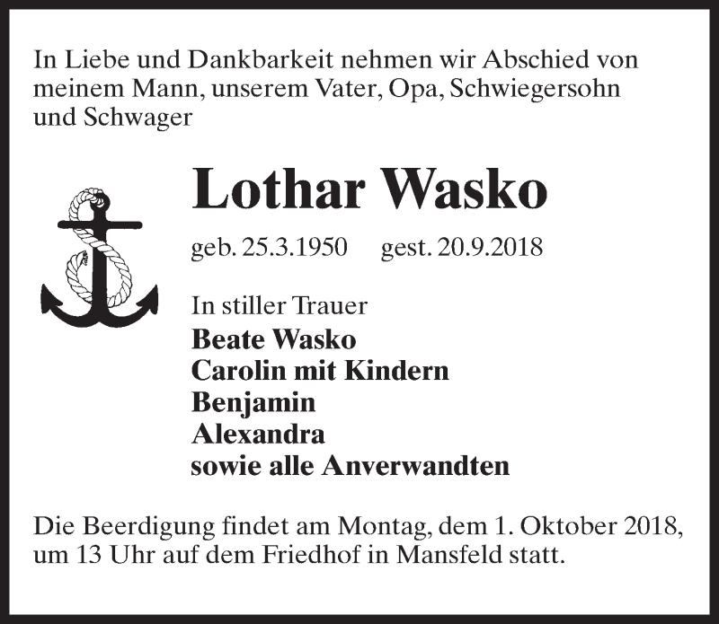 Traueranzeige für Lothar Wasko vom 25.09.2018 aus Märkischen Allgemeine Zeitung