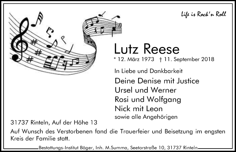  Traueranzeige für Lutz Reese vom 22.09.2018 aus Schaumburger Nachrichten