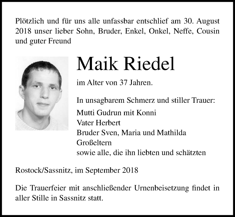  Traueranzeige für Maik Riedel vom 08.09.2018 aus Ostsee-Zeitung GmbH