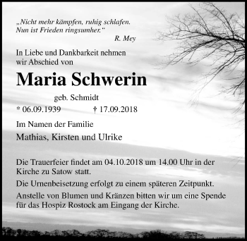 Traueranzeige von Maria Schwerin von Ostsee-Zeitung GmbH