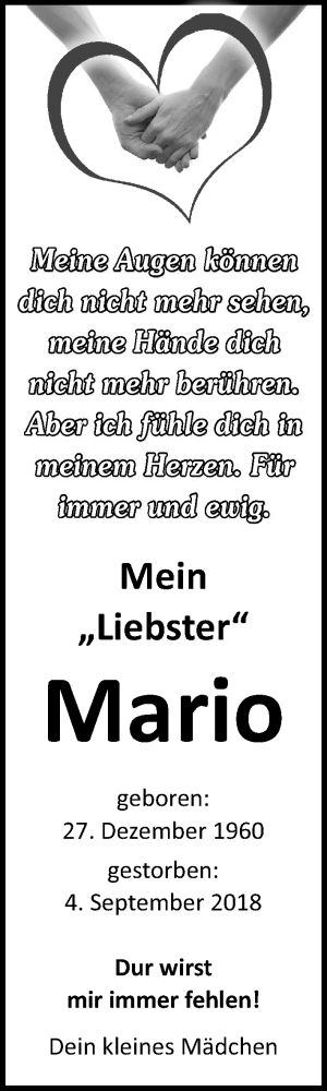  Traueranzeige für Mario  vom 14.09.2018 aus Ostsee-Zeitung GmbH