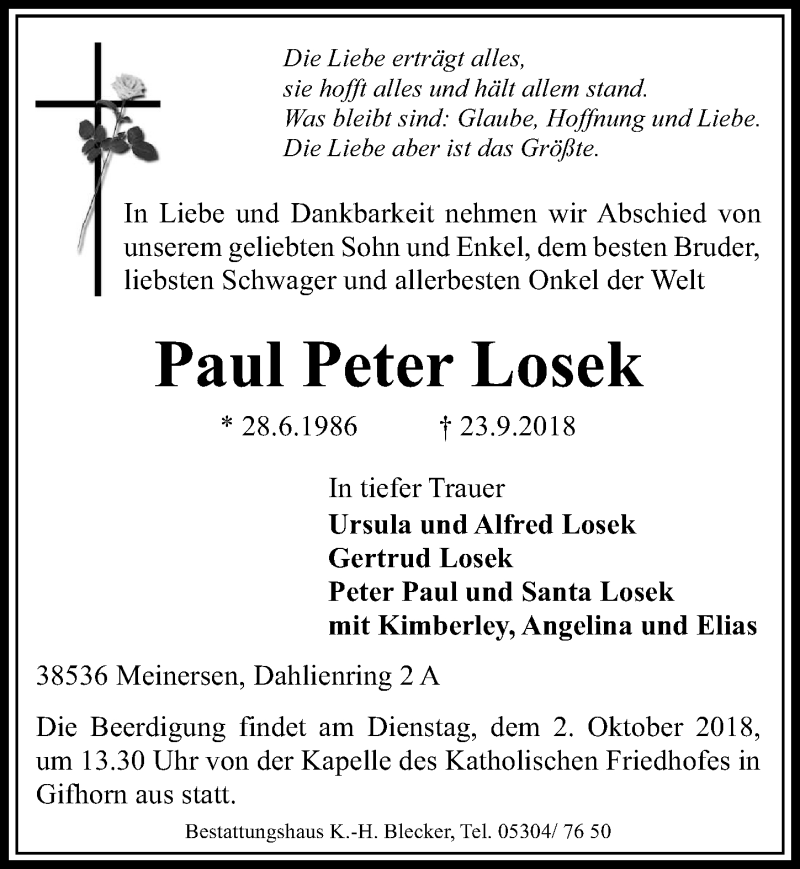  Traueranzeige für Paul Peter Losek vom 29.09.2018 aus Aller Zeitung