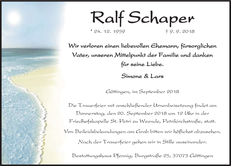  Traueranzeige für Ralf Schaper vom 15.09.2018 aus Göttinger Tageblatt