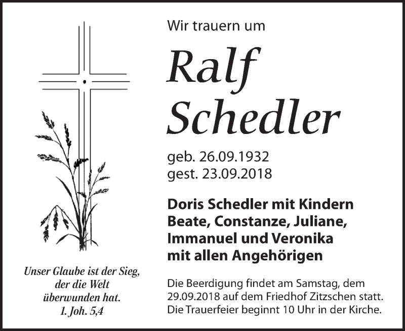  Traueranzeige für Ralf Schedler vom 26.09.2018 aus Leipziger Volkszeitung