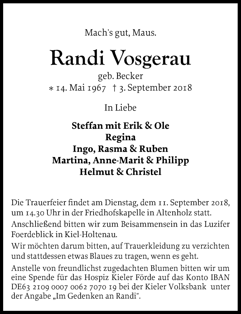  Traueranzeige für Randi Vosgerau vom 08.09.2018 aus Kieler Nachrichten