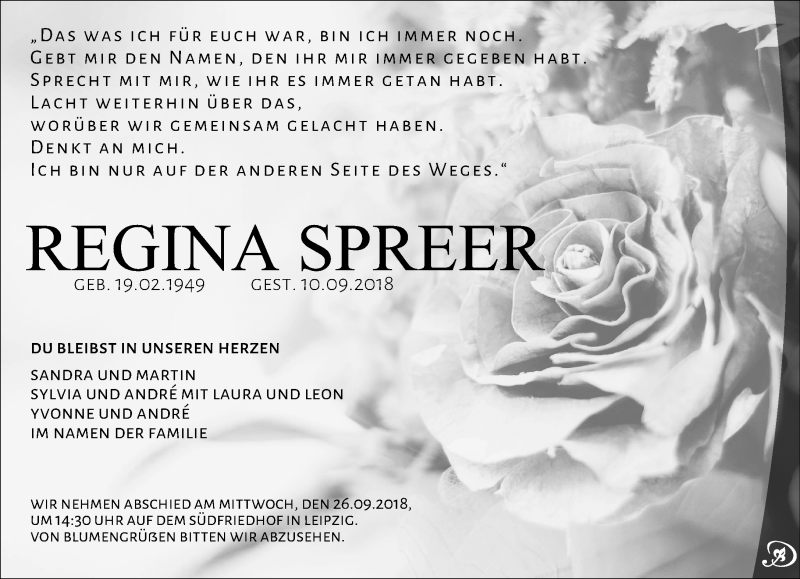  Traueranzeige für Regina Spreer vom 22.09.2018 aus Leipziger Volkszeitung