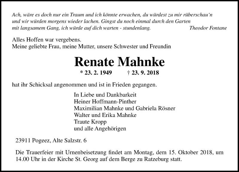  Traueranzeige für Renate Mahnke vom 29.09.2018 aus Lübecker Nachrichten