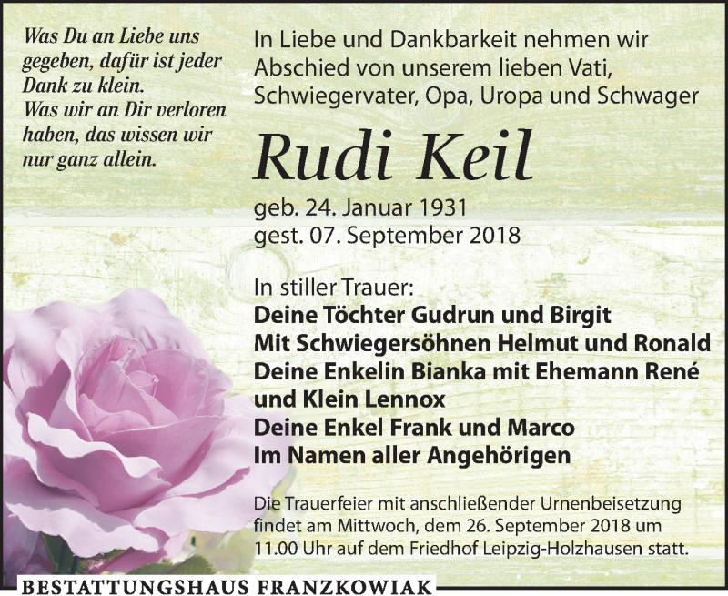  Traueranzeige für Rudi Keil vom 15.09.2018 aus Leipziger Volkszeitung