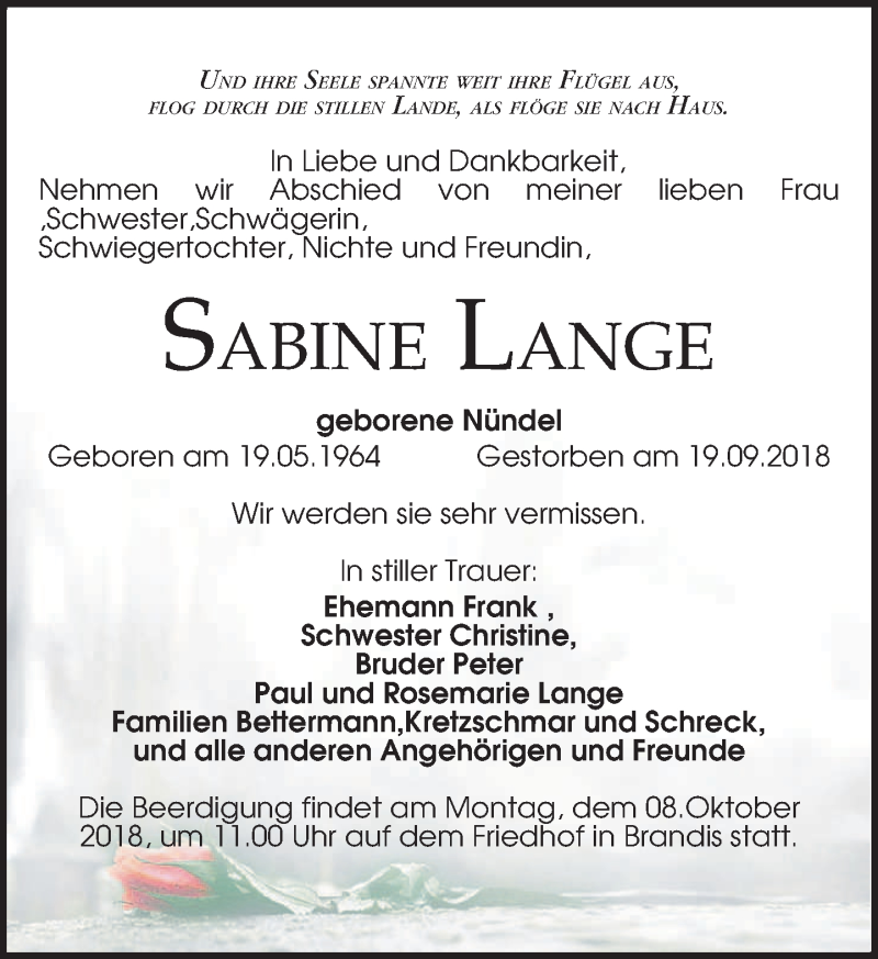  Traueranzeige für Sabine Lange vom 29.09.2018 aus Leipziger Volkszeitung