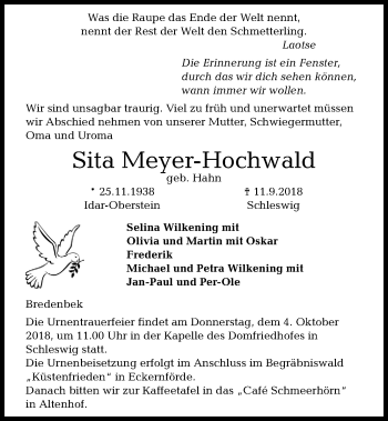 Traueranzeige von Sita Meyer-Hochwald von Kieler Nachrichten