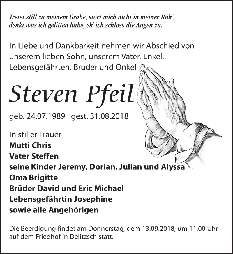  Traueranzeige für Steven Pfeil vom 08.09.2018 aus Leipziger Volkszeitung