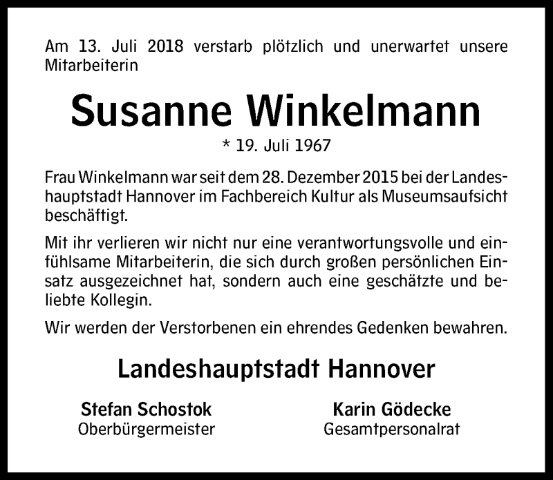  Traueranzeige für Susanne Winkelmann vom 07.09.2018 aus Hannoversche Allgemeine Zeitung/Neue Presse