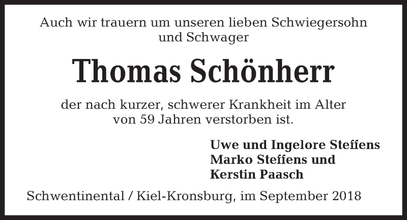  Traueranzeige für Thomas Schönherr vom 25.09.2018 aus Kieler Nachrichten