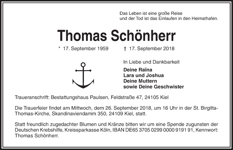  Traueranzeige für Thomas Schönherr vom 22.09.2018 aus Kieler Nachrichten