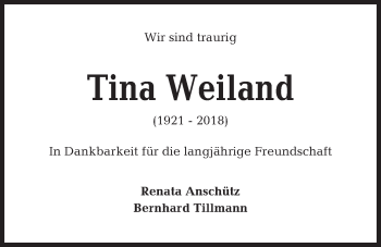 Traueranzeige von Tina Weiland von Kieler Nachrichten