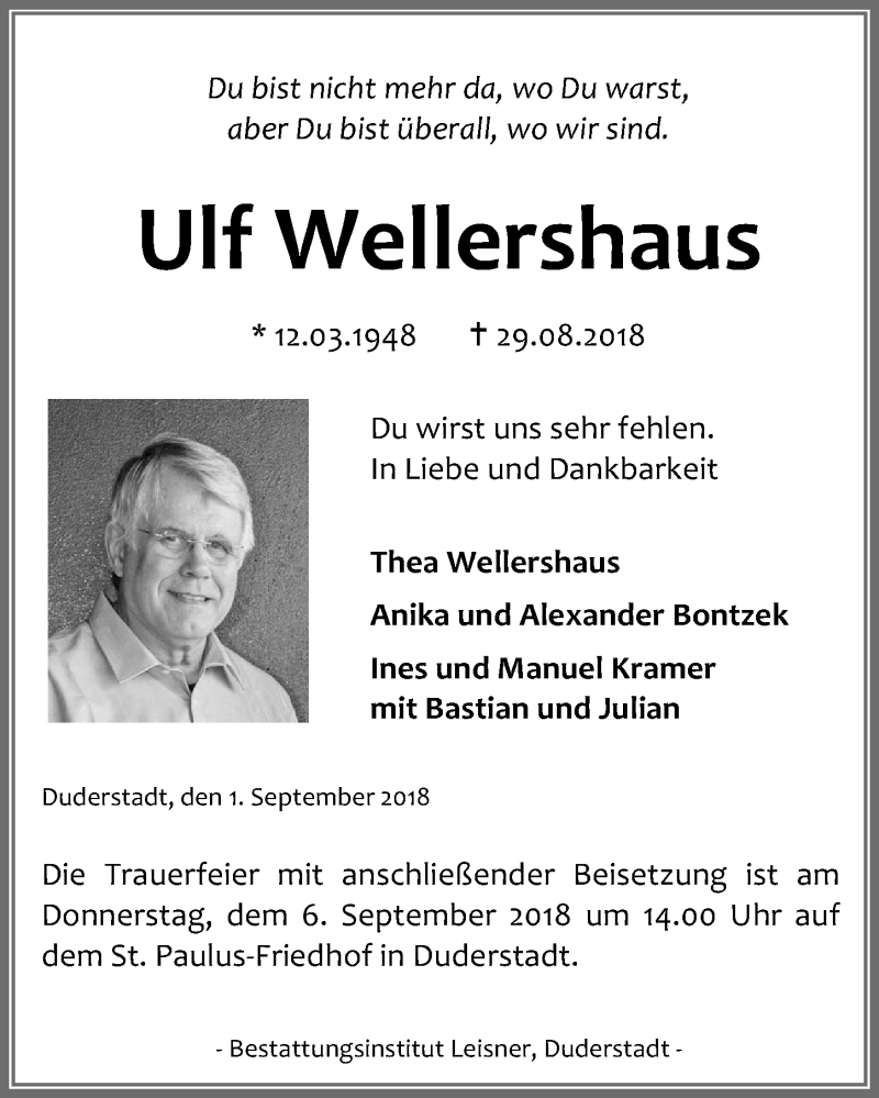  Traueranzeige für Ulf Wellershaus vom 01.09.2018 aus Eichsfelder Tageblatt