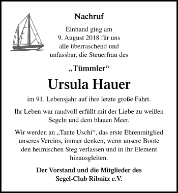 Traueranzeige von Ursula Hauer von Ostsee-Zeitung GmbH