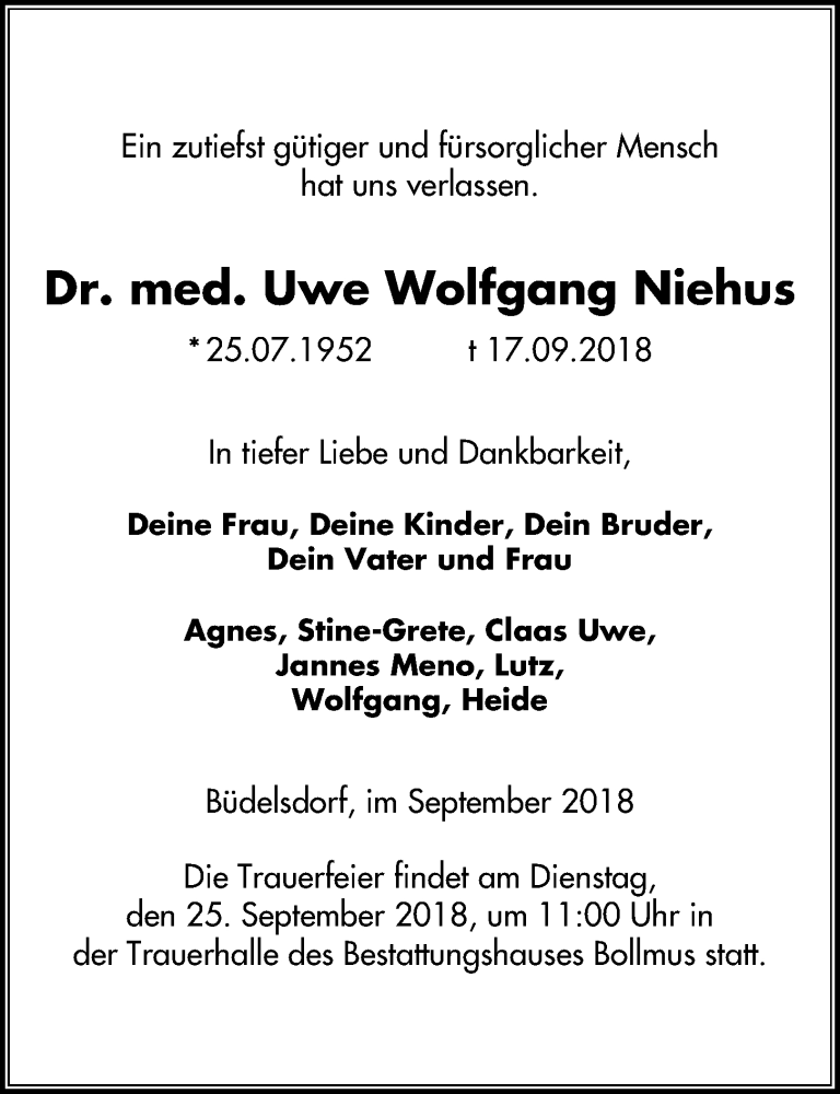  Traueranzeige für Uwe Wolfgang Niehus vom 22.09.2018 aus Kieler Nachrichten