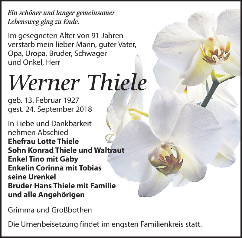  Traueranzeige für Werner Thiele vom 29.09.2018 aus Leipziger Volkszeitung