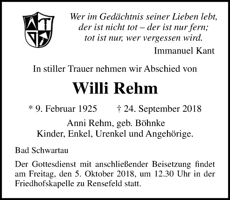  Traueranzeige für Willi Rehm vom 30.09.2018 aus Lübecker Nachrichten