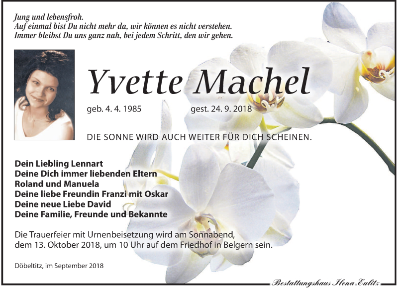  Traueranzeige für Yvette Machet vom 29.09.2018 aus Torgauer Zeitung