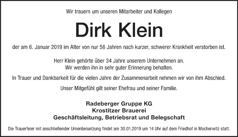  Traueranzeige für Dirk Klein vom 28.01.2019 aus Leipziger Volkszeitung