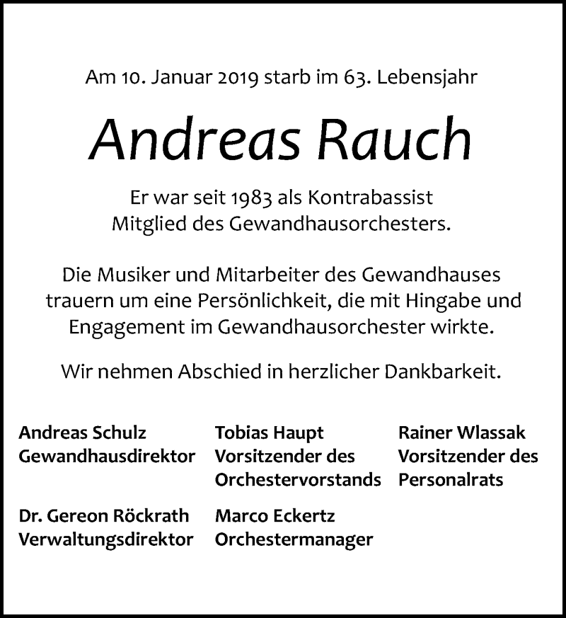  Traueranzeige für Andreas Rauch vom 26.01.2019 aus Leipziger Volkszeitung