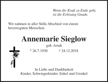 Traueranzeige von Annemarie Sieglow von Lübecker Nachrichten