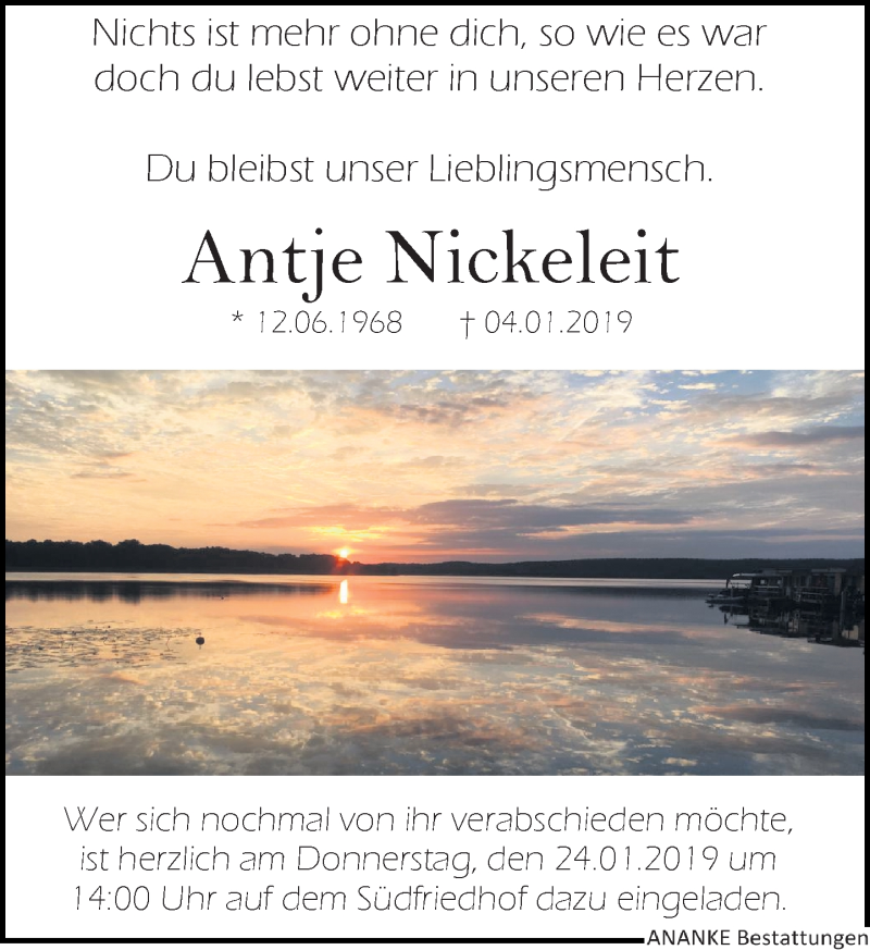  Traueranzeige für Antje Nickeleit vom 19.01.2019 aus Leipziger Volkszeitung