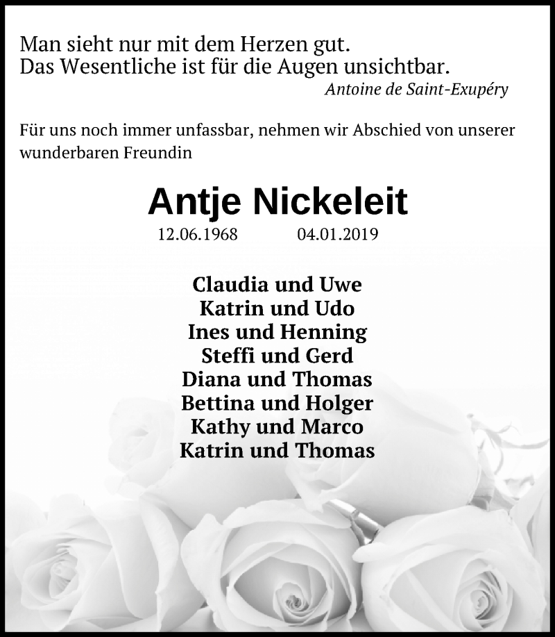  Traueranzeige für Antje Nickeleit vom 19.01.2019 aus Leipziger Volkszeitung