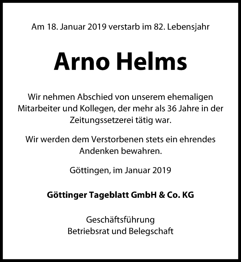  Traueranzeige für Arno Helms vom 26.01.2019 aus 