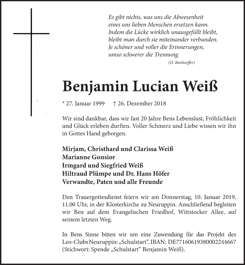  Traueranzeige für Benjamin Lucian Weiß vom 05.01.2019 aus Märkischen Allgemeine Zeitung