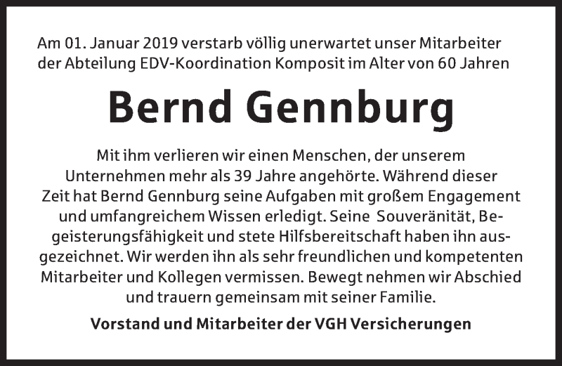  Traueranzeige für Bernd Gennburg vom 05.01.2019 aus Hannoversche Allgemeine Zeitung/Neue Presse