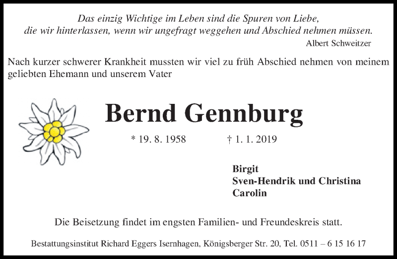  Traueranzeige für Bernd Gennburg vom 05.01.2019 aus Hannoversche Allgemeine Zeitung/Neue Presse