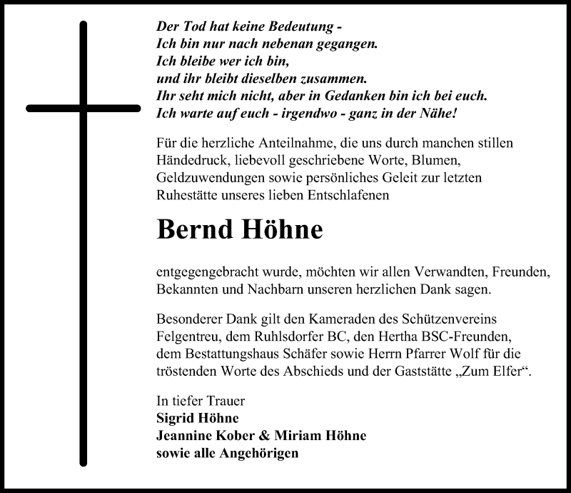  Traueranzeige für Bernd Höhne vom 12.01.2019 aus Märkischen Allgemeine Zeitung