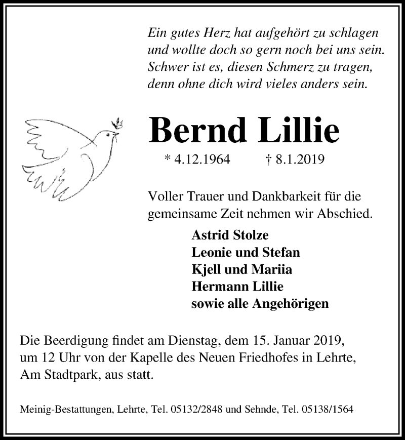  Traueranzeige für Bernd Lillie vom 12.01.2019 aus Hannoversche Allgemeine Zeitung/Neue Presse