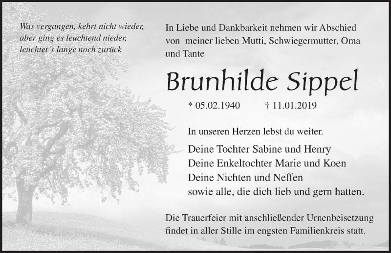  Traueranzeige für Brunhilde Sippel vom 19.01.2019 aus Ostsee-Zeitung GmbH